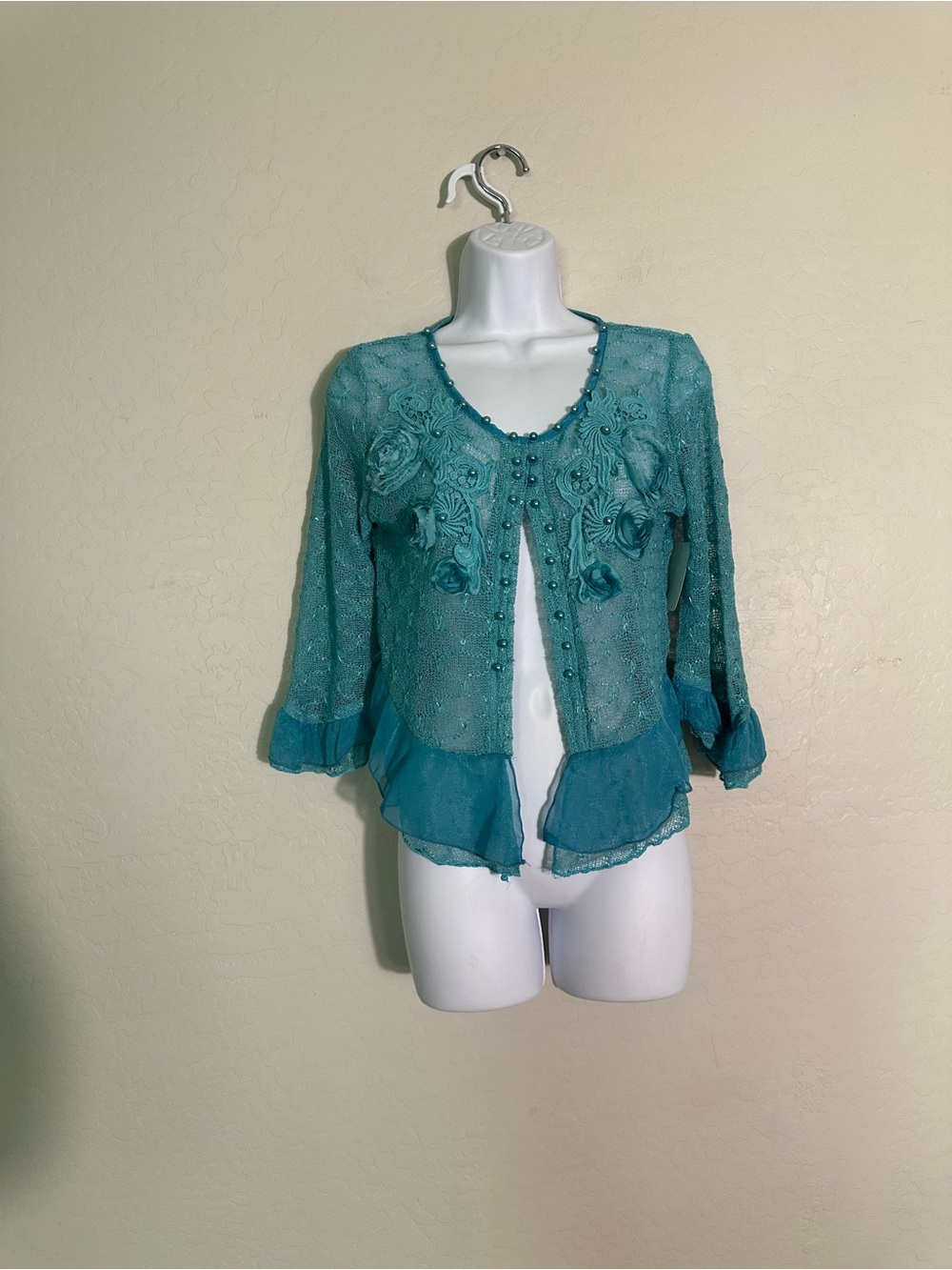 Pretty Angel Teal Floral Appliqué Sheer Cardigan